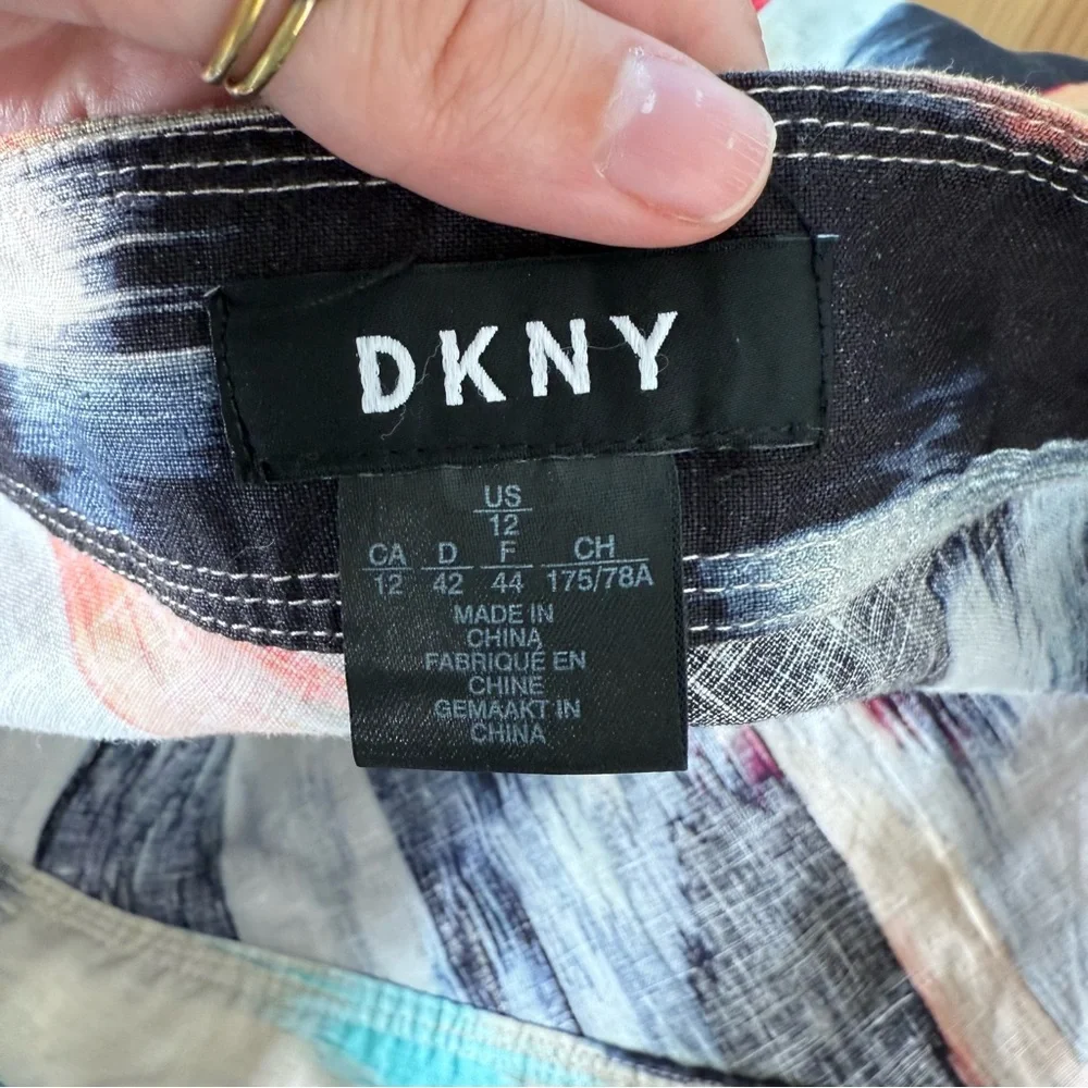 DKNY 100% Linen Paintbrush Strokes Midi Skirt Faux Wrap A Line Artsy 12 - Picture 5 of 10